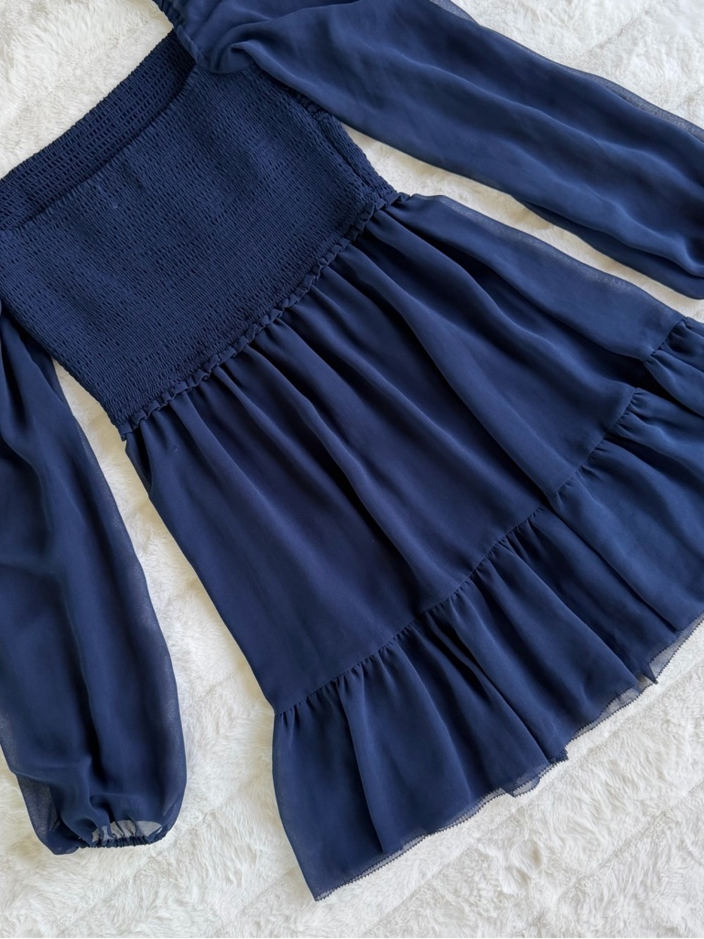 NOT FOR SALE Wilfred Navy Smocked Mini Dress Sheer Sleeves Size S - Picture 8 of 11